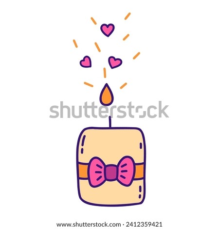 Candle in love burns and releases hearts from flame. Valentines day concept. Colorful vector isolated illustration hand drawn doodle clip art. February 14, romance. Icon or card with outline