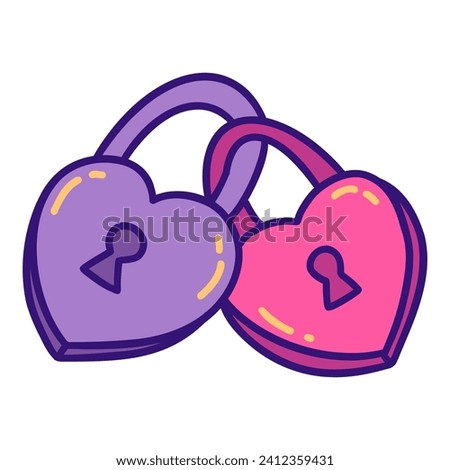 Two heart shaped locks fastened together. Valentines day concept. Colorful vector isolated illustration hand drawn doodle clip art. February 14, romance. Icon or card, wedding element