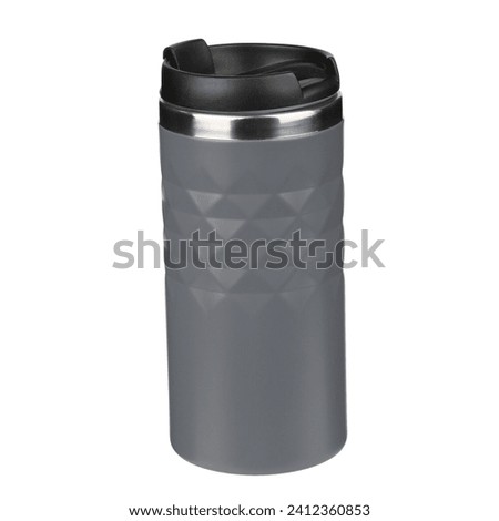 Model as thermos cup, clean material. Grey clean thermos cup with black lid, blank for text. Copy space. Isolated white background. Different shooting angle, triple set photo, clipping path.