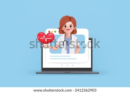 3D woman Cardiologist shows red heart symbol. Medical application concept.Medical presentation clip art isolated on blue background.