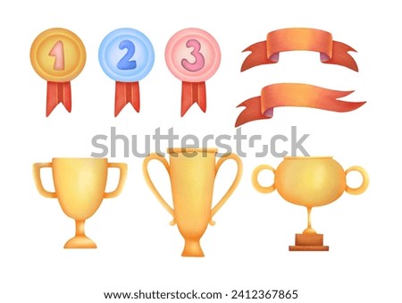 watercolor Golden Trophy cup, medals set, ribbons clip art, cut out illustration collection on white background. Champion trophy. award ceremony for winners of international sport competitions