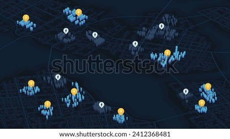 Zones without electricity for visual distinction energy networks. Visualization of power distribution, outage areas. Top view distinct city districts connected to the power grid. Isometric vector Royalty-Free Stock Photo #2412368481