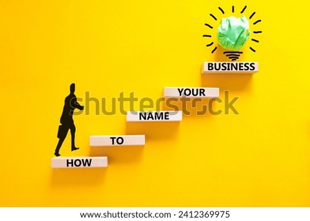 How to name your business symbol. Concept words How to name your business on wooden blocks. Beautiful yellow table yellow background. Businessman icon. How to name your business concept. Copy space.