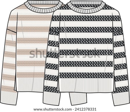 Women's Striped Crochet Jumpers- Technical fashion illustration. Front, beige and navy color. Women's CAD mock-up. Royalty-Free Stock Photo #2412378331