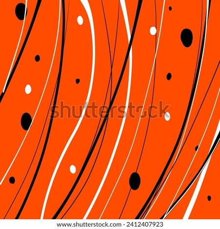 abstract orange background. Artwork with black and white dots and stripes