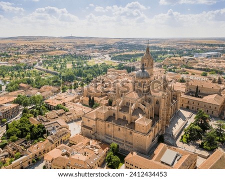 Drone image of Salamanca with new and old cathedral, Spain