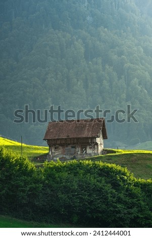 Alps old wooden house. Old House in the European Alps. Old Cabin in the forest. Dilapidated house in the European Alps. Traditional style of house in Alps. Travel concept. Royalty-Free Stock Photo #2412444001