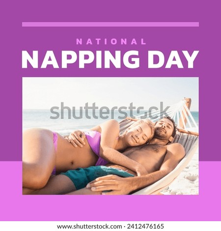Composition of national napping day text over caucasian couple sleeping in hammock. National napping day, free time and relaxing concept digitally generated image.