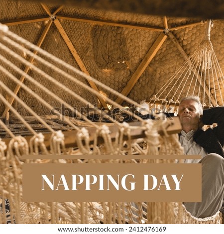 Composition of napping day text over caucasian man sleeping in hammock. National napping day, free time and relaxing concept digitally generated image.