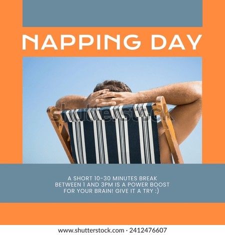 Composition of napping day text over caucasian woman sleeping in hammock. National napping day, free time and relaxing concept digitally generated image.
