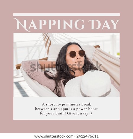 Composition of napping day text over biracial woman sleeping in hammock. National napping day, free time and relaxing concept digitally generated image.