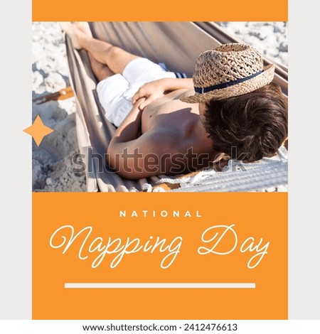 Composition of national napping day text over caucasian man sleeping in hammock. National napping day, free time and relaxing concept digitally generated image.