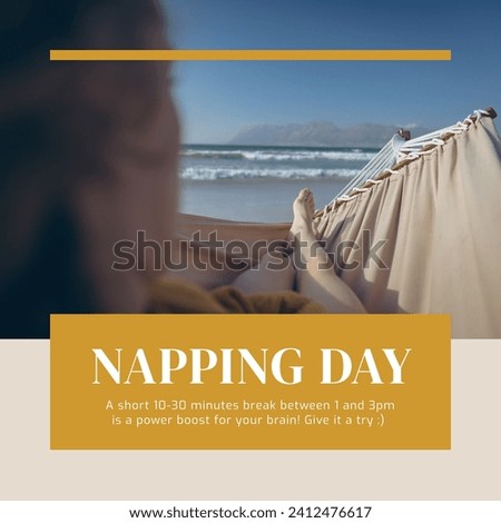 Composition of napping day text over caucasian woman sleeping in hammock. National napping day, free time and relaxing concept digitally generated image.