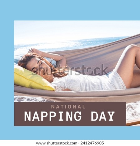 Composition of national napping day text over caucasian woman sleeping in hammock. National napping day, free time and relaxing concept digitally generated image.