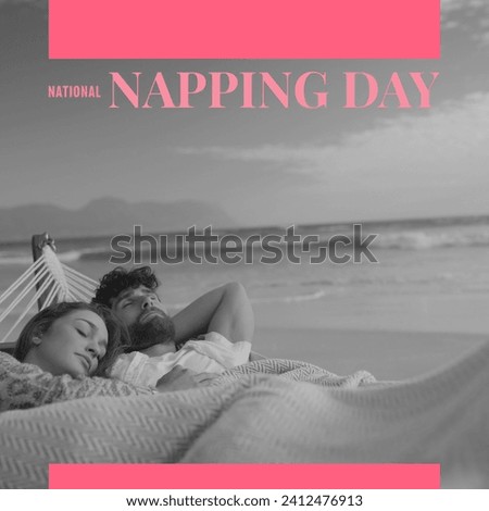 Composition of national napping day text over caucasian couple sleeping in hammock. National napping day, free time and relaxing concept digitally generated image.