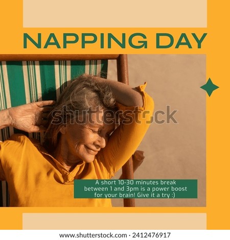 Composition of napping day text over senior caucasian woman sleeping in hammock. National napping day, free time and relaxing concept digitally generated image.