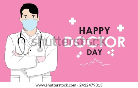 30 march - World Doctor's Day. Calligraphic or lettering of happy doctor's day with symbol of heartbeat, syringe and stethoscope isolated on white background.