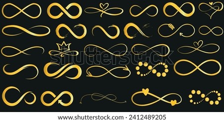 Golden Infinity Symbols, Luxury Elegance Design, Black Background. Perfect for Jewelry, Web Design, Banners, Creative Projects, Endlessness Concept Symbolizing Eternity, Continuity