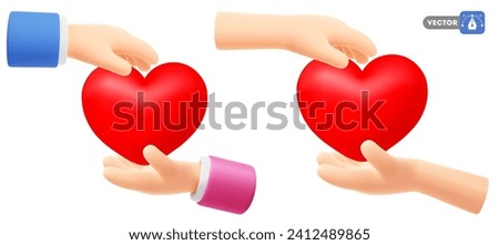 Cute cartoon 3d realistic heart passed from hand to hands. Concept of love, Valentines Day, 14 February, passion, donation or charity. Isolated on white vector illustration