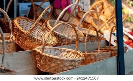 beautiful wicker baskets on the counter. High quality photo