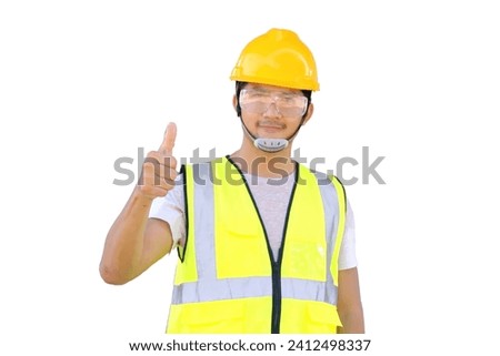 Smiling Asian man in industrial safety suit Happy look isolated on white background.