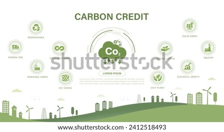 Carbon credits Concepts about the Tradable certificate to drive industry and amount of reducing carbon dioxide emissions in various industrial sectors Green vector icons illustration template