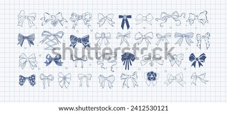 Collection of doodle ribbon bow ties with various patterns on lined paper. Girl style doodle illustration.