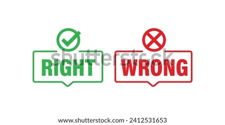  check mark icon button set. check box icon with right and wrong buttons and yes or no checkmark icons in green tick box and red cross.