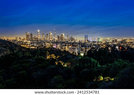 A nighttime aerial view of the downtown Los Angeles skyline from atop a hill of trees Royalty-Free Stock Photo #2412534781
