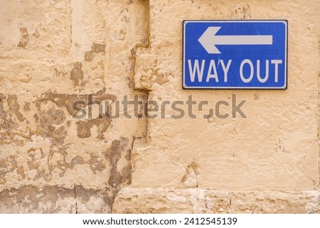 Color image of a Way Out blue sign on a wall.