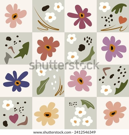 Seamless pattern in boho style, checkerboard, patchwork, flowers, leaves, brush strokes. Modern design. Wallpaper, textile, paper, cover