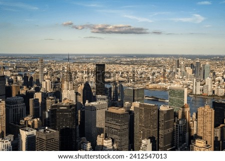 A drone shot of Manhattan skyline on a sunny day in New York, United states