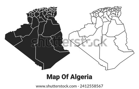 Vector Black map of Algeria country with borders of regions