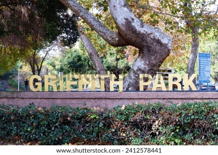 Los Angeles, California: Griffith Park Entrance Sign.  Griffith Park is one of the largest municipal parks with urban wilderness areas in the United States