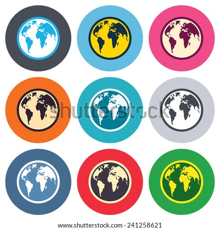 Globe sign icon. World map geography symbol. Colored round buttons. Flat design circle icons set. Vector