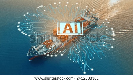 AI Brain Technology Cargo Container Ship. Global Logistics international delivery logistic and supply chain network distribution container Ship running for export import to customs concept isometric	