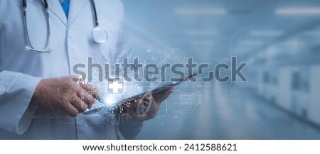 Health care and medical AI technology services concept.Medical worker touch virtual medical revolution and advance of technology Artificial Intelligence and technology for future Health
