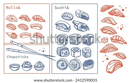 Isolated vector set of Japanese sushi set in hand drawn doodle style. Maki, uramaki rolls, nigiri, temaki. Wasabi, ginger, soy sauce and sushi sticks. Asian food for restaurants menu. Royalty-Free Stock Photo #2412590055