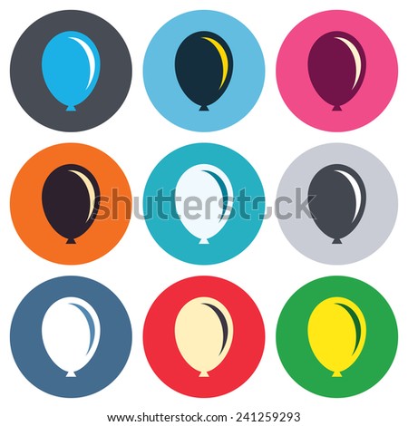 Balloon sign icon. Birthday air balloon symbol. Colored round buttons. Flat design circle icons set. Vector