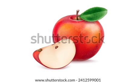 Red apple fruit with apple slice of piece and green leaf isolated on white background. Realistic vector in 3D illustration. Food and drink concepts.