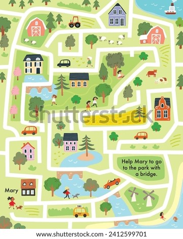 Vector child labyrinth with town symbols for baby, babies. Children maze illustrated with cars, houses, buildings, trees, streets. City easy simple drawing map. Royalty-Free Stock Photo #2412599701