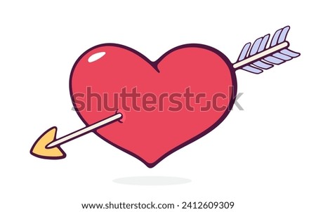 Heart pierced by an Arrow. Valentines Day and love symbol. Vector illustration. Hand drawn cartoon clip art with outline. Isolated on white background