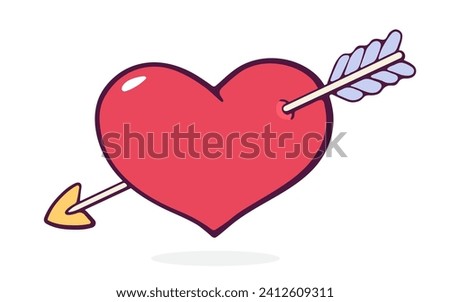 Heart wounded by an arrow. Valentines Day and love symbol. Vector illustration. Hand drawn cartoon clip art with outline. Isolated on white background