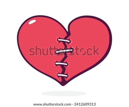 Broken heart with Seam. Vector illustration. Hand drawn cartoon clip art with outline. Isolated on white background