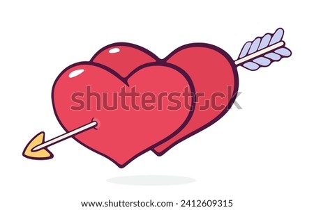 Two hearts wounded by an arrow. Valentines Day and love symbol. Vector illustration. Hand drawn cartoon clip art with outline. Isolated on white background