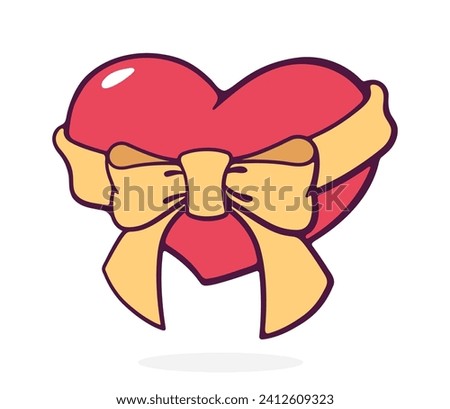 Heart tied with gift ribbon and bow. Valentines Day and love symbol. Vector illustration. Hand drawn cartoon clip art with outline. Isolated on white background