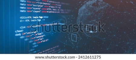 HTML code on computer monitor with Global Network Connection background. HTML5 source code, Web language programming, Computer courses, Training, Learning HTML, Website technology internet concept.