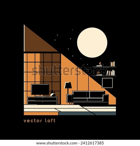 Minimalist Flat Lounge with Sofa Interior in Moonlit Night Light on Black Background. Vector Illustration Royalty-Free Stock Photo #2412617385