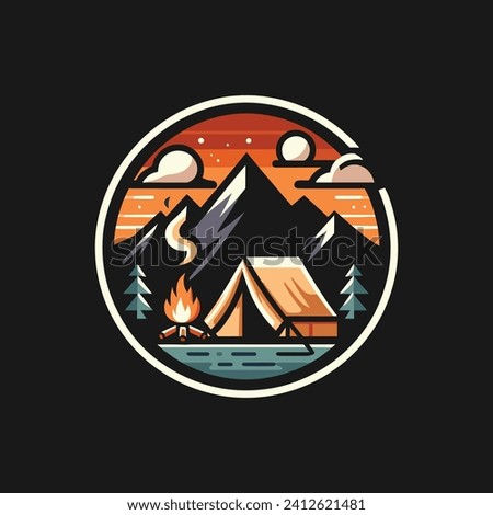 CAMPING IN MOUNTAIN LOGO VECTOR IN ORANGE, BLACK, GREEN AND WHITE WITH BLACK BACKGROUND