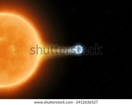 A white dwarf is absorbing gas from another star. Gravitational interaction of two stars. Exchange of matter in a close binary system. Royalty-Free Stock Photo #2412636527